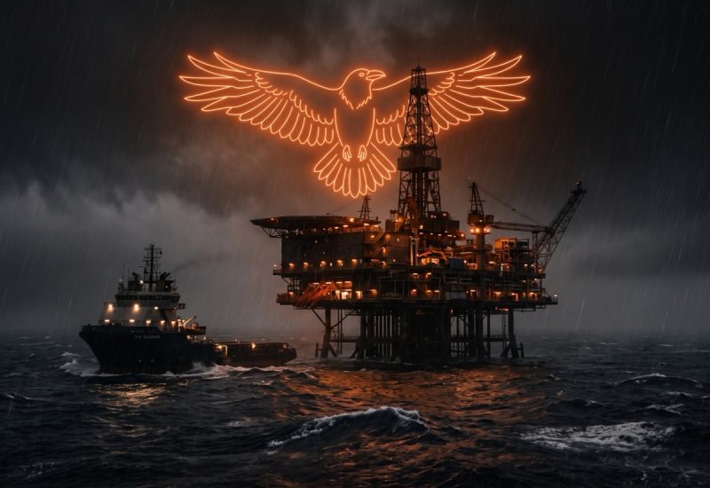 Offshore oil platform and supply vessel at sea at night
