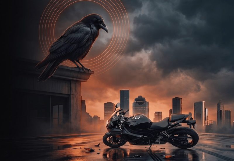 Motorcycle on a wet city street at dusk