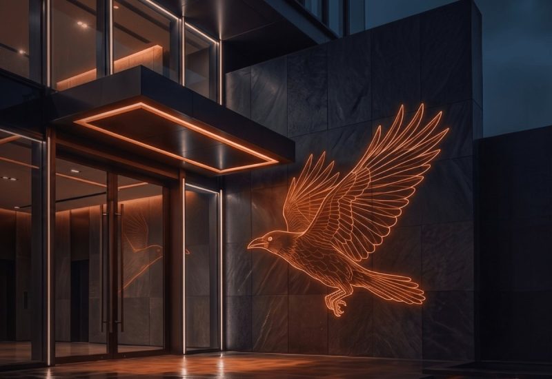 Commercial building entrance at night
