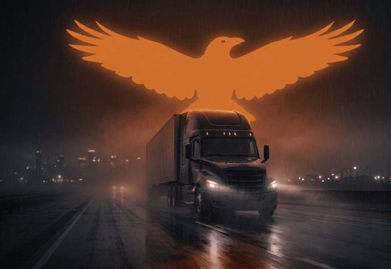 Semi-truck on a wet highway at night